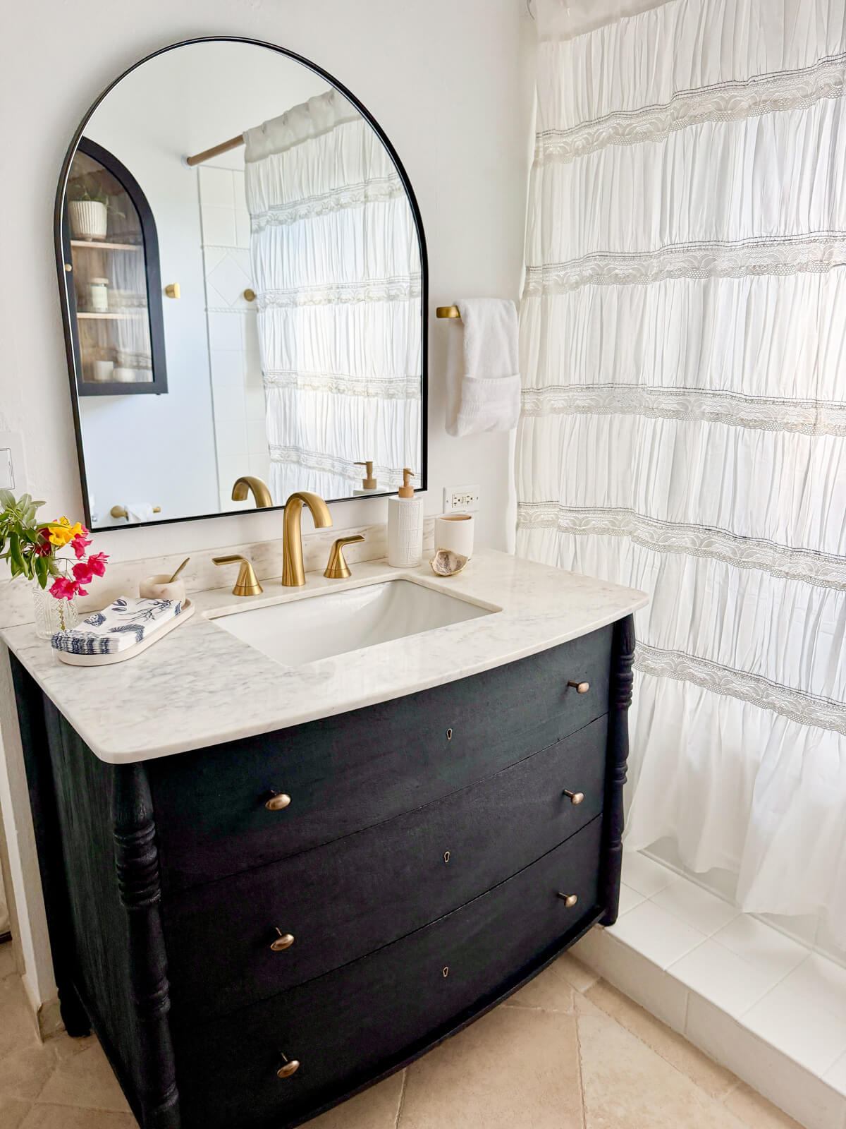 Jack & Jill bath — individual vanity and large linen closet